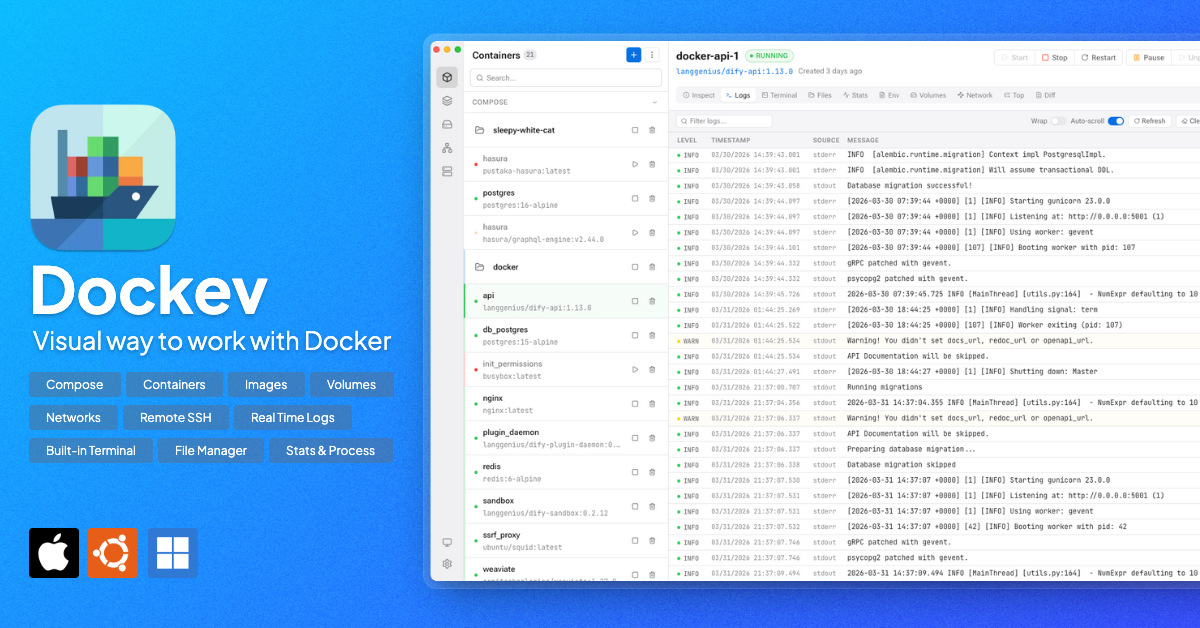 Dockev · Modern GUI for Docker | macOS, Windows, Linux